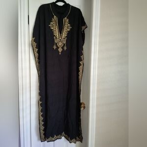 Plus Size Black Cotton Kaftan Caftan Dashiki House Dress Gold Embroidery 29" P2P